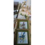 Two framed W E Powell prints, a Worcester candelabrum branch, flowers and leaves