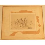 After Dupray, black and white etching, Military scene with drummers, unframed, 7ins x 9.75ins