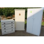 Two white cupboards and a white chest of drawers