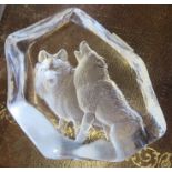 A Hals Jonasson Sweden glass sculpture, of two wolves, numbered 3723, height 5ins