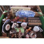 A box of assorted ornaments, Beswick, porcupine box, etc.