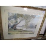 Frank Sherwin, watercolour, figure seated by a river under a tree, 12ins x 16ins