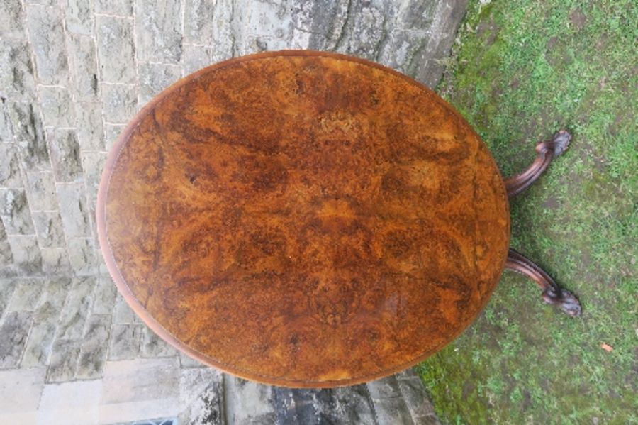 A 19th century burr walnut oval loo table, raised on a turned column, terminating in four outswept - Image 4 of 5