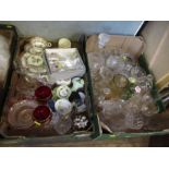 Two boxes of china and glass, to include cranberry, commemorative ware, encrusted flowers, decanters
