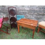 A collection of furniture to include luggage stand, sewing table, cake stand, etc.