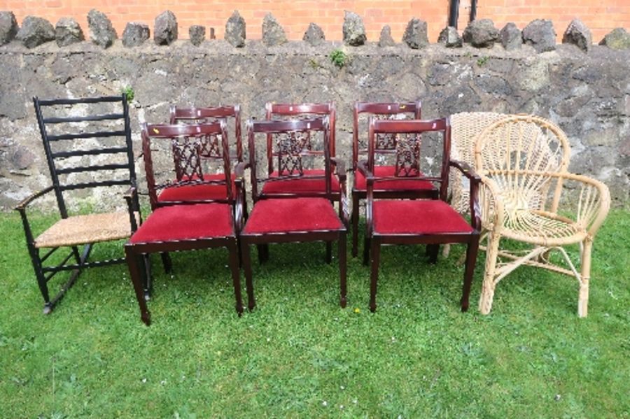 A set of six (4 + 2), reproduction dining chairs, with labels, together with two caned chairs and