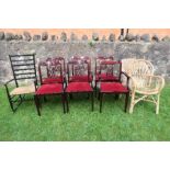 A set of six (4 + 2), reproduction dining chairs, with labels, together with two caned chairs and