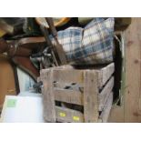 A box of assorted sundries to include Whitbread crate, tools, wash jug and bowl, and record player