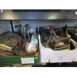 Two boxes of sundries to include metalware, plane, fire iron, miniature drill, etc.