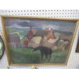 R Cartwright, oil on board, horse in front of farmstead, 13.5ins x 17.5ins