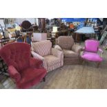 Four chairs, to include deep buttoned chair with labels, two upholstered armchairs with fire labels,