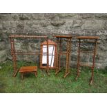 A barley twist towel rail, two similar square topped tables, width 12ins, with bobbin turned  legs