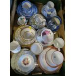 A box of teaware, to include trio sets, Old Toby, Minton, Coalport, Royal Albert, etc.