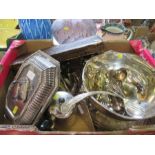 A box of assorted silver plate, flatware, etc.