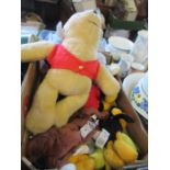 A box of soft toys, to include Disney examples