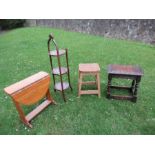 A joint stool, cake stand, table, and another stool