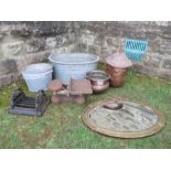 A collection of metalware, to include zinc bath, boot scraper, log bin, mirror and scales