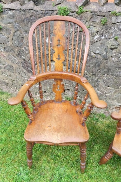 A Windsor armchair, with pierced splat and spindles, raised on turned legs, united by stretchers, - Image 2 of 5