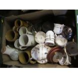 A box of assorted porcelain, to include 19th century cups and saucers, a Laura Knight