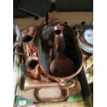 A box of assorted metalware to include graduated copper jugs, large pan, horn, etc.
