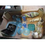 A box of sundries to include glassware, model fish, coins, etc. (37202)