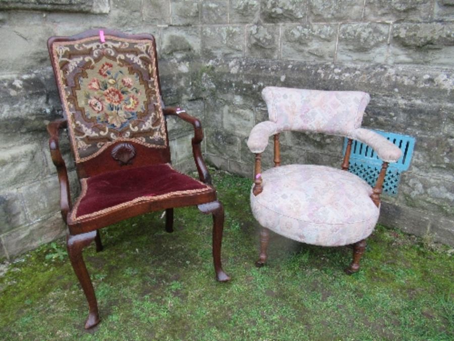 A Victorian style tub chair, together with a mahogany armchair, with tapestry back over shell