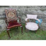 A Victorian style tub chair, together with a mahogany armchair, with tapestry back over shell