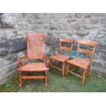 A caned back rocking chair together with two bar back chairs, with caned seat