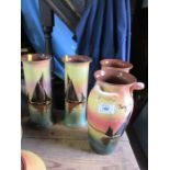Three Watcombe pottery spill vases decorated with sailing vessels, and one other