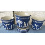 Three various Wedgwood style blue jasper cache pots, decorated in relief, height 9.25ins and down