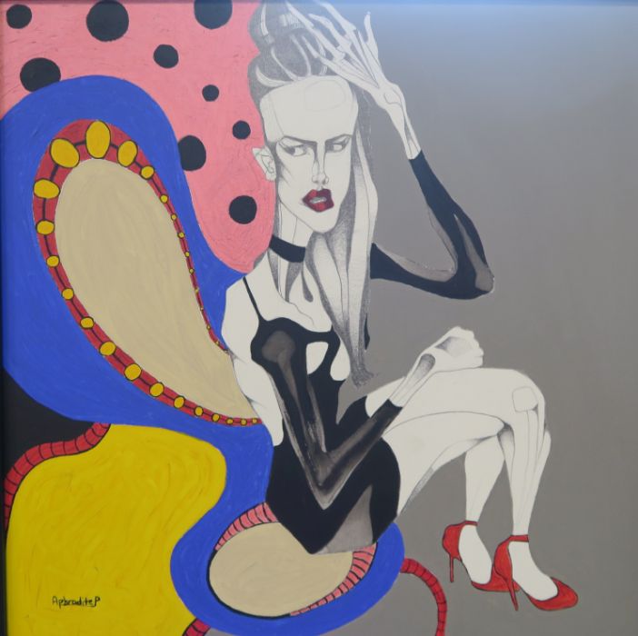 Aphrodite Papadatou, acrylic and graphite on canvas, Acid Legs, 23ins x 23ins - Image 2 of 3