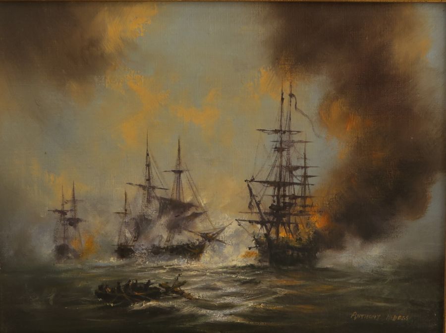 Antony Hedges, oil on canvas, masted sailing ships in battle, 11.5ins x 15.25ins - Image 2 of 3