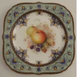 A Royal Worcester shaped square plate, painted with apples, blackberries, flowers and leaves by