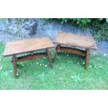 Two similar Arts and Crafts style rectangular low stools, or coffee tabless 18ins x 11.25ins and