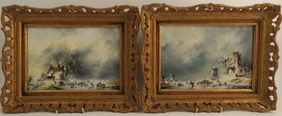 Margaret Lisle, signed, pair, Dutch winter landscapes with numerous skaters, 7ins x 10.25ins