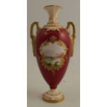A Royal Worcester pedestal vase, the red ground body decorated with a landscape in a reserve to