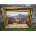C W Oswald, oil on canvas, highland cattle in a Scottish valley landscape, 20ins x 30ins (D)