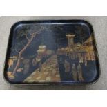 A Meiji period Japanese lacquer tray, depicting various figures in a street or market scene