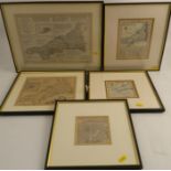 Five Antique hand coloured maps, of Cornwall to include a map by Bowles's and Kitchin