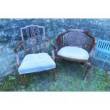 Two early 20th century armchairs, one with open cane back, the other with lathe splat back
