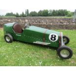 A Brooklands  petrol driven replica car, with pneumatic tyres, marked "8",   Size 96” x 31”
