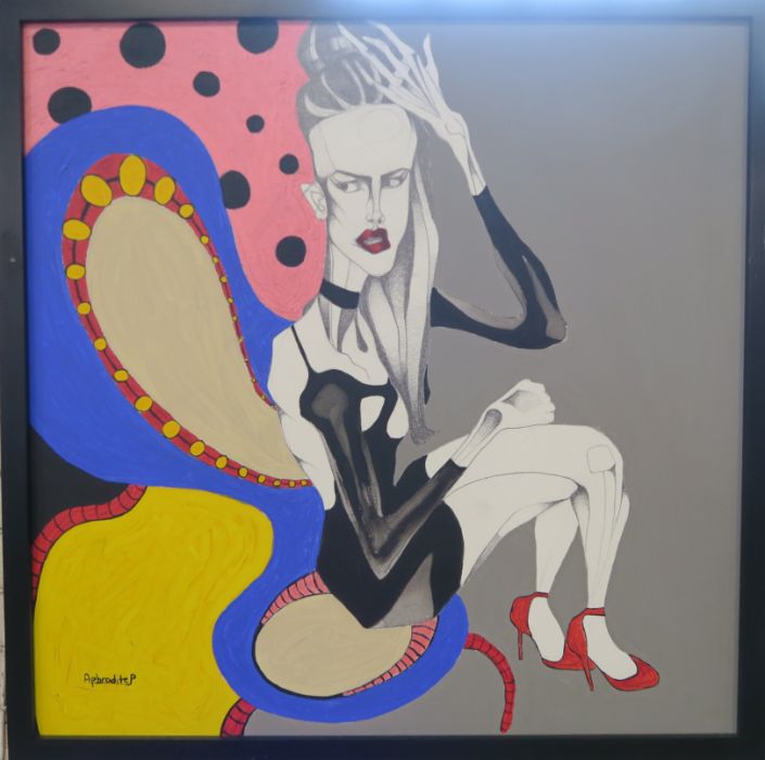 Aphrodite Papadatou, acrylic and graphite on canvas, Acid Legs, 23ins x 23ins