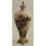 A Hadleys Worcester covered vase, decorated with peacocks in a tree, height 7.5ins Condition Report: