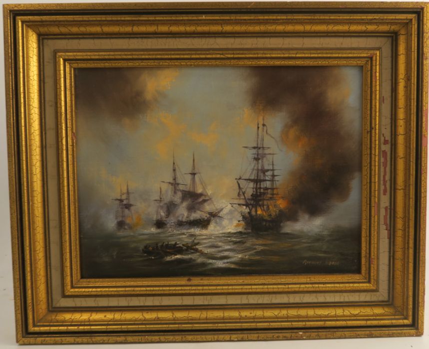 Antony Hedges, oil on canvas, masted sailing ships in battle, 11.5ins x 15.25ins