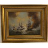 Antony Hedges, oil on canvas, masted sailing ships in battle, 11.5ins x 15.25ins