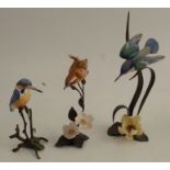 Three Royal Worcester bronze and porcelain models, two of a kingfisher and one of a wren