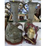 A pair of Eastern brass vases, with dragon handles, height 14ins, together with two metal Buddhas on