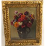 French school, oil on canvas, indistinctly signed, Flowers in a Quimper jug, 17ins x 13.5ins
