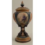 A Hadleys Worcester quarter lobed pedestal vase, decorated with sepia panels of flowers, having