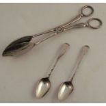 R.A.W. Bateman, two hallmarked silver teaspoons, together with a pair of silver plated salad